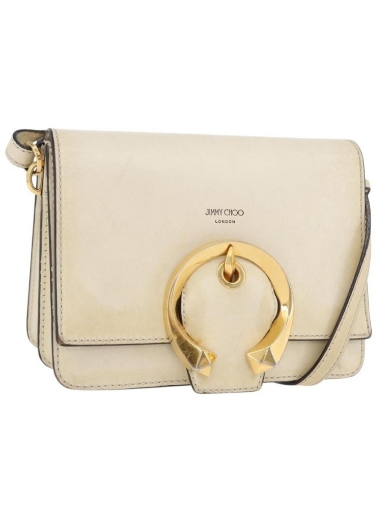 Authentic Jimmy Choo Shoulder Bag Leather White Gold